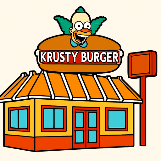 Krusty Burger.
In-Game asset.  2d.  High contrast.  No shadows