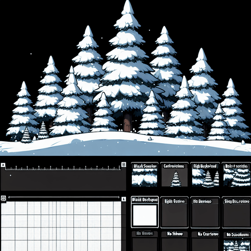 Tree line of snowy pine trees. Cartoon. Black background.
Single Game Texture. In-Game asset. 2d. Blank background. High contrast. No shadows.