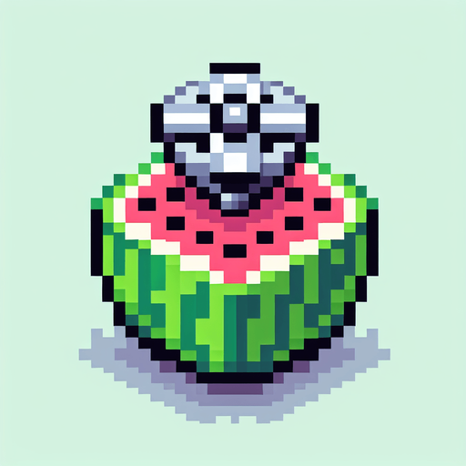 8-bit pixelated isometric cute watermelon with a rotor above.
Single Game Texture. In-Game asset. 2d. Blank background. High contrast. No shadows.