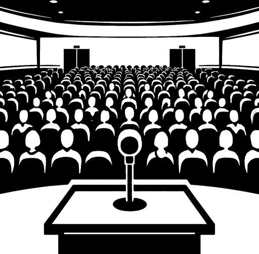 bir konferans salonunda sahnede olan birinin bakış açısından bir resim siyahın tonları kullanılsın.
In-Game asset.  2d.  High contrast.  No shadows