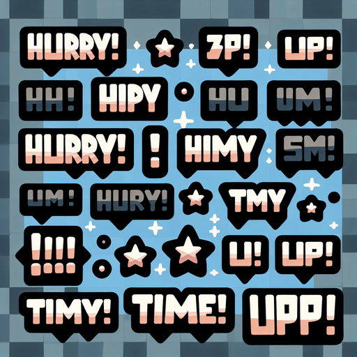 Multiple stylized texts with phrases that include “Hurry!” “Time’s up!” Cartoon style..
Single Game Texture. In-Game asset. 2d. Blank background. High contrast. No shadows.