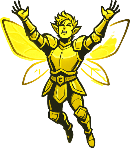 kesatria peri pria seluruh badan bercahaya melayang dengan tangan merengggang keatas.
In-Game asset.  2d.  High contrast.  No shadows