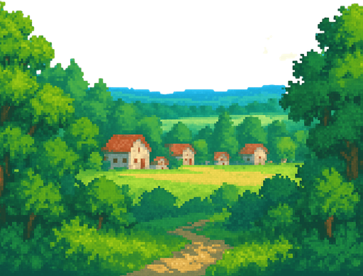 16 bit image langit biru cerah, daerah hutan luas, di kejauhan ada pedesaaan sederhana. suasana pagi hari langit biru.
In-Game asset.  2d.