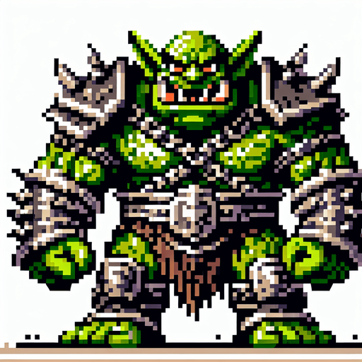 create me a big furious goblin with armor 2d and pixel.
Single Game Texture. In-Game asset. 2d. Blank background. High contrast. No shadows.