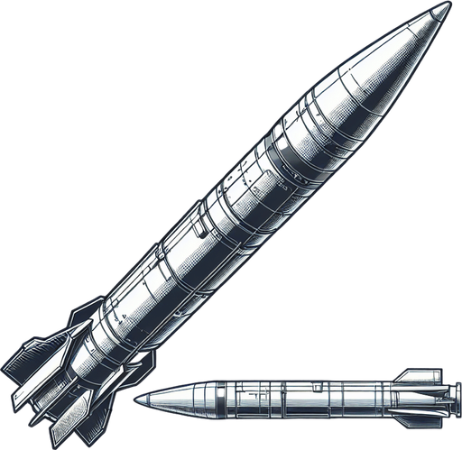 Missile seen from the side.
Single Game Texture.  In-Game asset.  2d.  Blank background.  High contrast.  No shadows