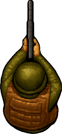 a soldier from a top down view in realistic 16bit 90s retro game style. the soldier should have a gun in his hand point straight forward, a helmet in his head and a bullet proof vest, it should be seen from above so no legs should be seen, only the head, torso arms and gun seen from above. No background. Transparent background. Blank background. No shadows. 2d. In-Game asset. flat