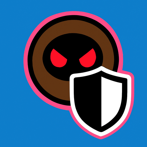 Brown simple circular enemy seen from above, pink outline. red eyes, with a single shield in-font of it. Black and white only. Blue background..
In-Game asset.  2d.  High contrast.  No shadows
