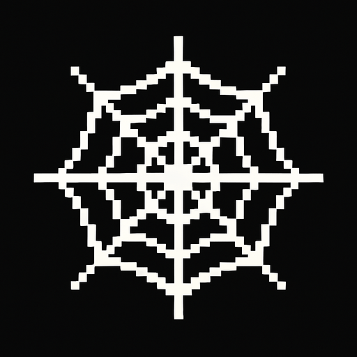 A white spider web. Pixelated retro..
In-Game asset.  2d.  High contrast.  No shadows
