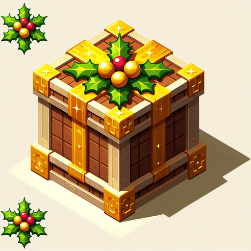 a big light brown and yellow christmas gift decorated with holly leaf. isometric view. no floor. Single Game Texture. In-Game asset. 2d. Blank background. High contrast. No shadows.