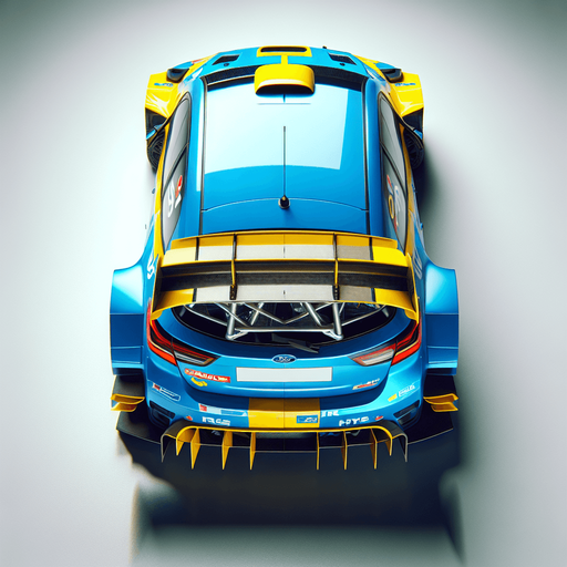 Hyperrealistic blue Subaru rally car with yellow liverys, top down view from the rear wing