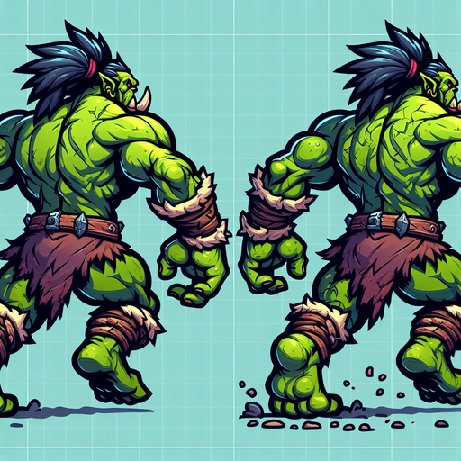 Two images of an orc. one running and one jumping to attack. both from behind, rear view. cartoon.
Single Game Texture.  In-Game asset.  2d.  Blank background.  High contrast.  No shadows