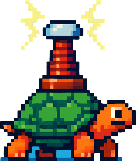 a turtle with a tesla tower on her shell, pixelart.
In-Game asset.  2d.  High contrast.  No shadows