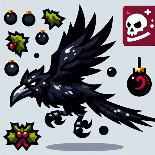 evil flying cartoon raven, sideview, christmas style Single Game Texture. In-Game asset. 2d. Blank background. High contrast. No shadows.