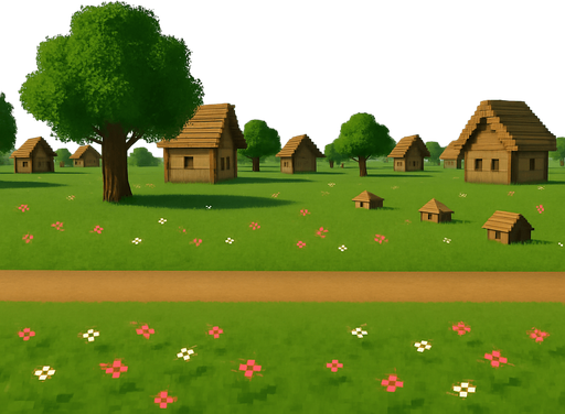 daha uzakta farklı evler ve ağaçlar