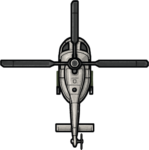 Helicopter image from upsite for 2d rpg game, color of helicopter is silver.
In-Game asset.  2d.  High contrast.  No shadows