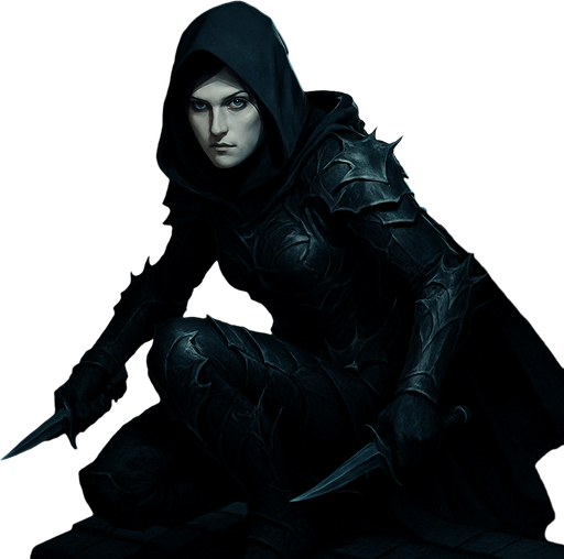 A fierce assassin in obsidian armor and a hooded cloak, crouched on a rooftop under the moonlight. Female, 33 years old, lean and deadly, short jet-black hair, piercing ice-blue eyes, pale porcelain skin. Her armor is adorned with thorn motifs. A poisoned dagger in each hand. Background shows a quiet castle town below. Realistic, highly detailed, stealthy night-time mood. reaalistic.
In-Game asset.  2d.  High contrast.  No shadows