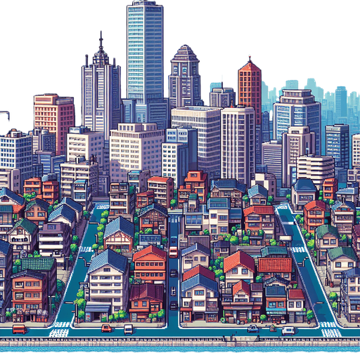City.
Single Game Texture.  In-Game asset.  2d.  Blank background.  High contrast.  No shadows. Pixel