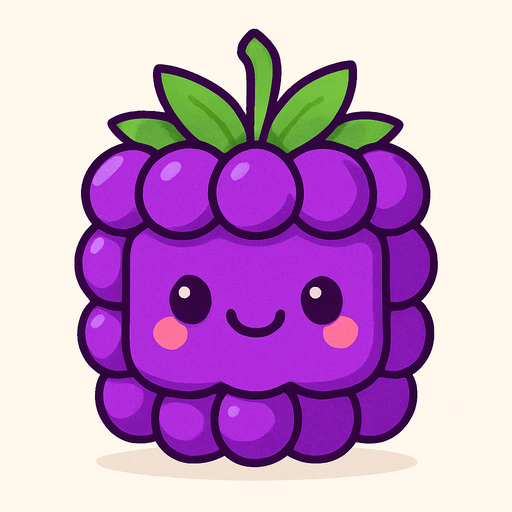 Perfectly square bright purple Blackberry with cute happyy face. Cartoon style. Cute art style. Simple vector style.