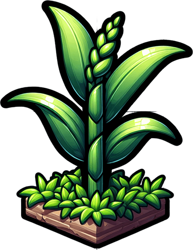 A corn plant in early stage of growth..
Single Game Texture. In-Game asset. 2d. Blank background. High contrast. No shadows.