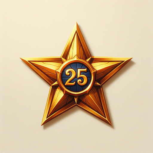 western gold star with 25 written on it.
Single Game Texture. In-Game asset. 2d. Blank background. High contrast. No shadows.