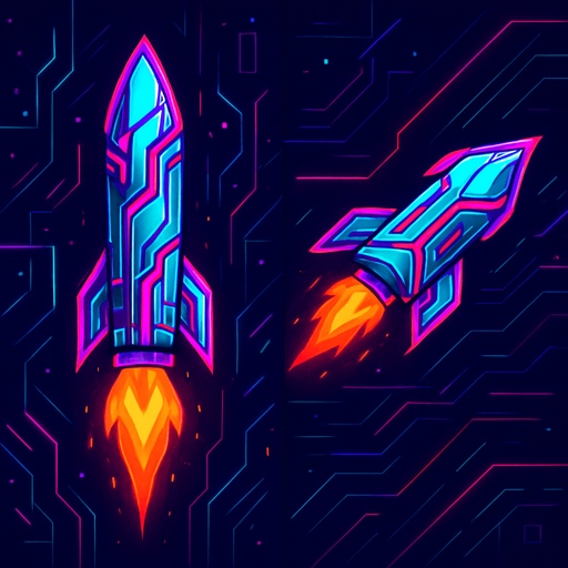 Pack of cyber rocket shot assets. small fire on the back. mixed cyberpunk + abstract lines. Vertical rocket going up. Horizontal rocket going right. No diagonal rocket. HD colors
In-Game asset.  2d.  High contrast.  No shadows.