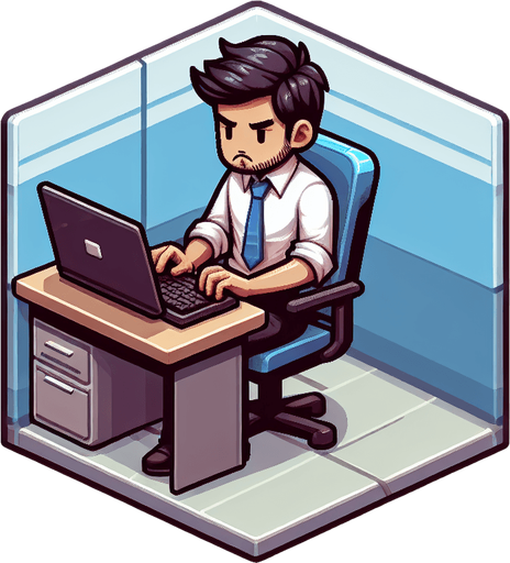 a developer sitting on his laptop in his cubicle, typing on the keyboard.
Single Game Texture.  In-Game asset.  2d.  Blank background.  High contrast.  No shadows
