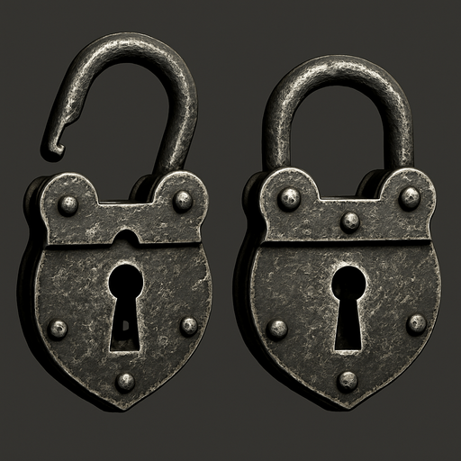 Old metal lock opened and closed.
In-Game asset.  3d.  High contrast.  No shadows