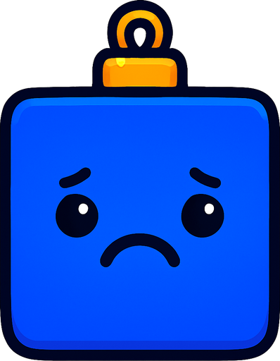 a sad Perfectly square bright cobalt blue Christmas decoration with cute happyy face. Cartoon style. Cute art style. Simple vector style. No Shadows Single Game Texture. In-Game asset. 2d. Blank background. High contrast. No shadows..
In-Game asset.  2d.  High contrast.  No shadows