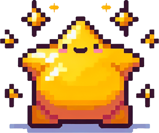 pixelart. a chubby golden star..
Single Game Texture. In-Game asset. 2d. Blank background. High contrast. No shadows.