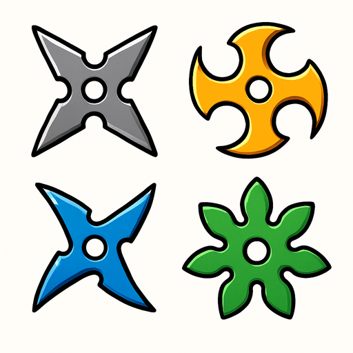 Pack of different ninja star. different color. HD colors.
In-Game asset.  2d.  High contrast.  No shadows
