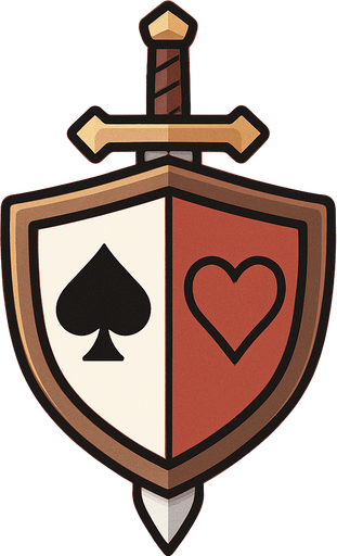 A shield with a spade and heart card suit coat of arms on it with a sword crossed downwards, behind it.  icon. Anime style..
In-Game asset.  2d.  High contrast.  No shadows