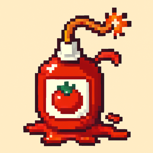 Pixel art of a red ketchup bottle turned into a bomb, with a fuse and tomato sauce leaking out. Small item, cartoonish and fun, pixel style.
In-Game asset.  2d.  High contrast.  No shadows