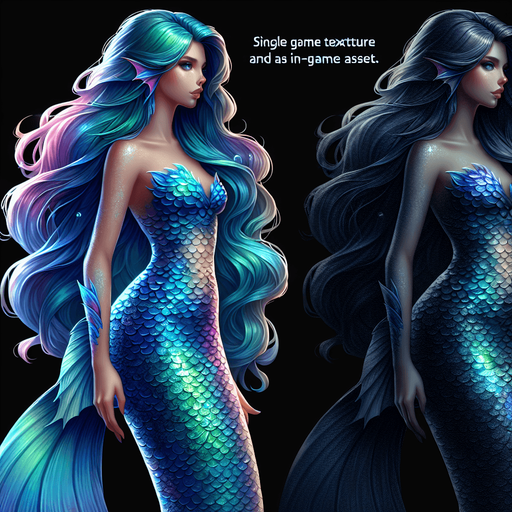 A beautiful blue and turquoise mermaid.
Single Game Texture. In-Game asset. 2d. Blank background. High contrast. No shadows.