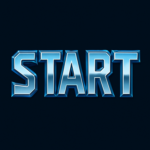 una imagen que diga "start" en letras grandes con una fuente alusiva a lso que se usan en video juegos de color metal brillante.
In-Game asset.  2d.  High contrast.  No shadows
