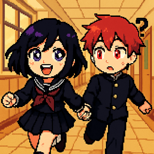 A cute anime-style girl with an emo aesthetic and striking purple eyes wears a traditional Japanese school uniform (sailor fuku). With a wide, toothy smile and sparkling eyes full of excitement, she runs joyfully while holding hands with a sweet red-haired boy with vivid red eyes, dressed in a classic gakuran school uniform. The boy, surprised and slightly flustered, has a question mark floating above his head as he's pulled along by the girl's energy. Behind them stretches a Japanese school hallway, all rendered in a charming Pixel Art style.