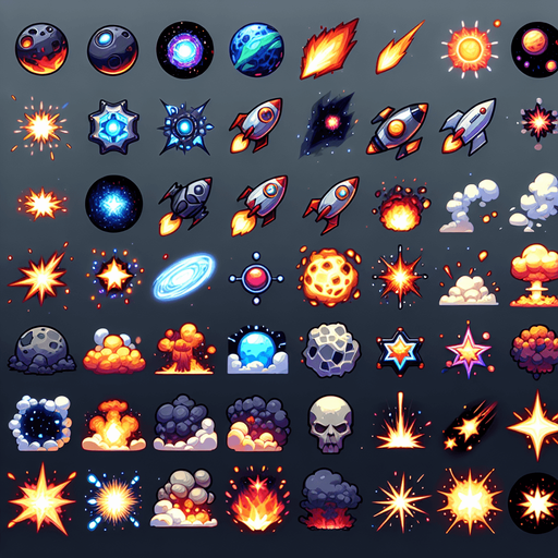 Varias explosiones espaciales pack.
Single Game Texture. In-Game asset. 2d. Blank background. High contrast. No shadows.