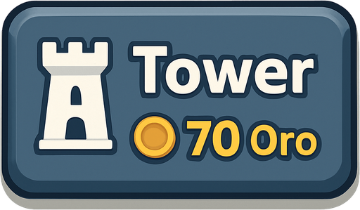 Crea un botón interactivo UI estilo 2D renderizado, limpio y cartoonish. Debe tener contornos definidos, colores vibrantes y sombreado que dé volumen. Será un rectángulo con esquinas ligeramente redondeadas. El fondo del botón será sólido y neutro (ej. gris claro, azul pizarra, metal pulido o piedra sutil). Debe contrastar con el "tablón" de madera pero integrarse bien al estilo general de la UI.

El botón debe contener:

Texto Principal: La palabra "Tower" (Torre) claramente visible en la parte superior central.

Icono Secundario (Opcional): Una silueta o dibujo estilizado y simple de una torre genérica, ubicada a la izquierda del texto "Tower" (o a la derecha, si el diseño lo favorece).

Precio: El texto "70 Oro" (o símbolo de oro y "70") claramente visible en la parte inferior central (o en una esquina inferior). Este precio debe ser una parte integral del diseño del botón (mismo asset).

Los colores de texto/icono deben contrastar claramente con el fondo (ej. blanco, dorado). El bo.
In-Game asset.  2d.  High contrast.  No shadows