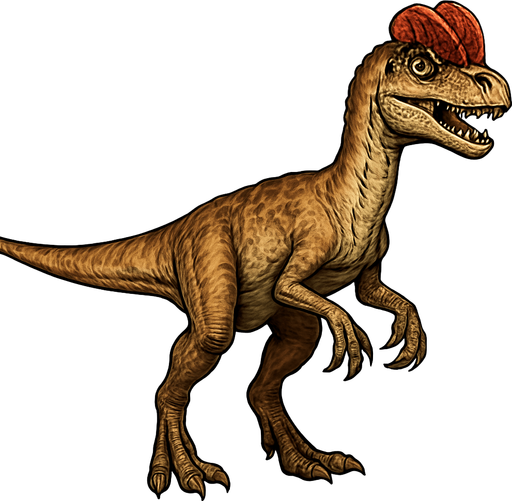 A medium-sized Dilophosaurus dinosaur in a standing pose on a transparent background. It has a slender body with light brown and tan scales, featuring distinctive paired crests on top of its head colored in reddish hues. The head is elongated with sharp teeth visible in a slightly open mouth. Its limbs are muscular with sharp claws, and the tail is long and straight. The skin texture shows a mix of small scales and patches of rougher skin, giving a realistic predatory look..
In-Game asset.  2d.  High contrast.  No shadows