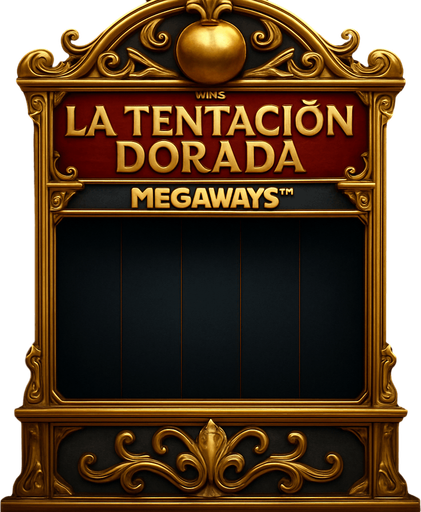 Crea un asset visual completo para una máquina tragamonedas estilo Megaways, coherente con 'La Tentación Dorada'.

Diseño Central Megaways:

Rodillos Dinámicos: Muestra una configuración de 6 rodillos verticales, donde la altura de cada rodillo puede variar de forma dinámica (mostrando entre 2 y 7 símbolos por rodillo). Esto debe ser visualmente aparente, quizás con indicadores de símbolos en la parte superior/inferior de cada rodillo (necesito que dejes un hueco en la maquina para que yo ponga los 6 rodillos/slots).

Estilo y Temática:

Opulencia: Marco de la máquina lujoso, dorado, con detalles intrincados, similar a la tragamonedas principal.

Fondo de Rodillos: Oscuro y elegante (negro, azul noche), para resaltar los símbolos.