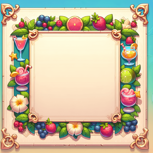 A fullscreen background gui element for an in-game shop. It should be mostly blanks space, but along the edges there could be some structure or decorative vines and items, mostly related to fruits, berries, cocktails in a summer theme..
Single Game Texture. In-Game asset. 2d. Blank background. High contrast. No shadows.