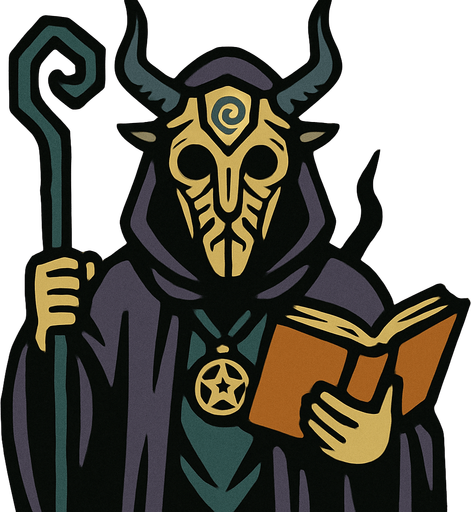 Mor perelinli bir büyücü yüzünde bir pagan maskesi var.
In-Game asset.  2d.  High contrast.  No shadows