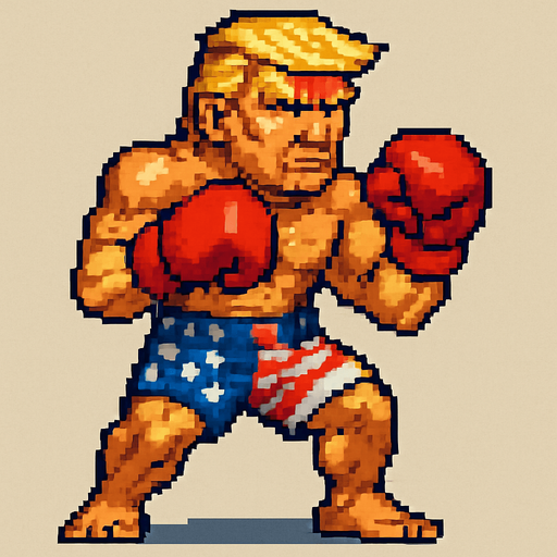 pixel streetfighter style blonde american fighter, looked like donald trump, with american flag short, and boxing gloves
