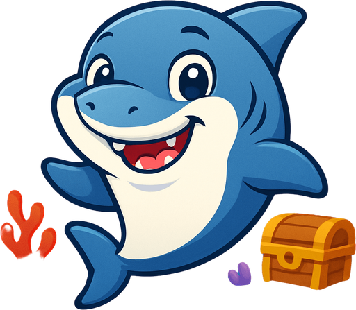 A cute cartoon-style shark character designed for a mobile game. Smooth and slightly chubby body, big round eyes with a friendly sparkle, a wide cheerful grin with small, non-scary teeth. Light gray or blue-gray color with a soft white belly. Playful pose, as if swimming happily or waving a fin. Simple colorful underwater background with bubbles, coral, or treasure chests. Joyful and friendly expression, perfect for kids. High-quality digital illustration, ideal for a children’s game..
In-Game asset.  2d.  High contrast.  No shadows. cartoon style