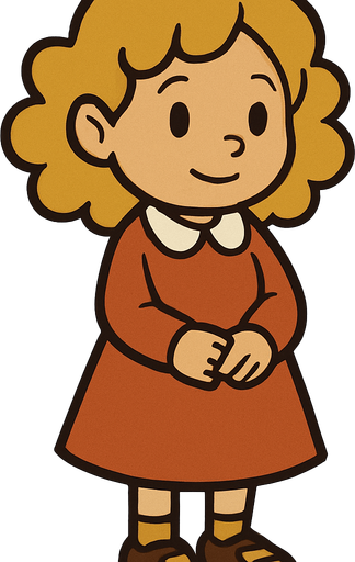 Cute little 7yo girl with blonde curly hair. Professor Layton game style 
In-Game asset.  2d.  High contrast.  No shadows