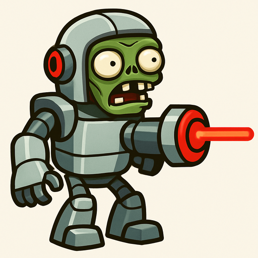 a plant vs zombies zombie whit a robot costume and a laser gun arms.
In-Game asset.  2d.  High contrast.  No shadows