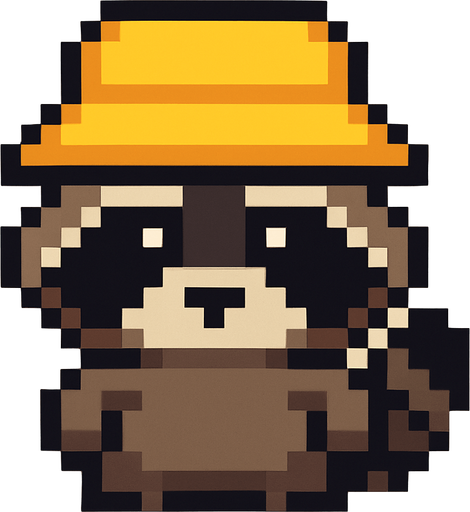 mapache de pixeles con sombrero pesquero.
In-Game asset.  2d.  High contrast.  No shadows