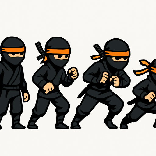 Different frames animation of full body of a ninja character, black color outfit, head bondage orange, have sword behind it. HD colors.
In-Game asset.  2d.  High contrast.  No shadows