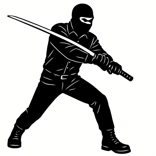 hombre con camisa negra de manga larga, pantalones negros, botas negras y guantes negros y un pasamontañas negro atacando con una katana con un mango negro.
In-Game asset.  2d.  High contrast.  No shadows