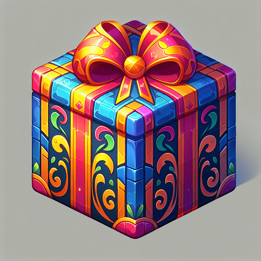 gift wrapped box, vivid colours. with bow on top Single Game Texture. In-Game asset. 2d. Blank background. High contrast. No shadows. Single Game Texture. In-Game asset. 2d. Blank background. High contrast. No shadows.