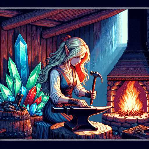 A blonde elf with long hair and a serious expression, working at an anvil in the center of the screen. The scene takes place in a magical forge inside a forest cabin, with a glowing hearth in the background. The elf is surrounded by blue, green, and red crystals, adding an enchanting atmosphere to the room. The warm glow of the fire and the shimmering crystals illuminate the elf's focused face and her skilled work..
Single Game Texture.  In-Game asset.  2d.  Blank background.  High contrast.  No shadows. pixel art